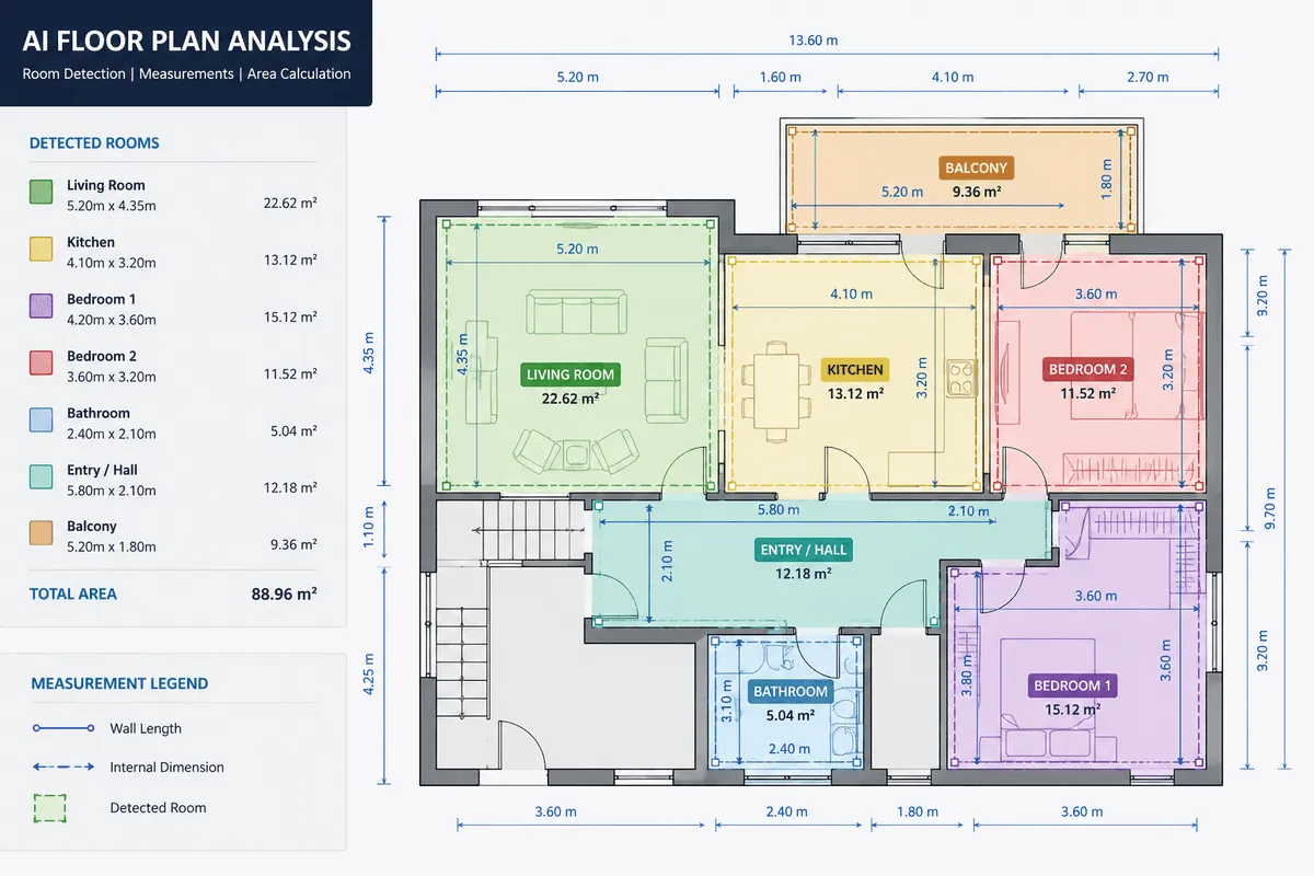 Residential floor plan with each room detected, colour-coded and labelled with its dimensions and area, beside a room list totalling 88.96 square metres