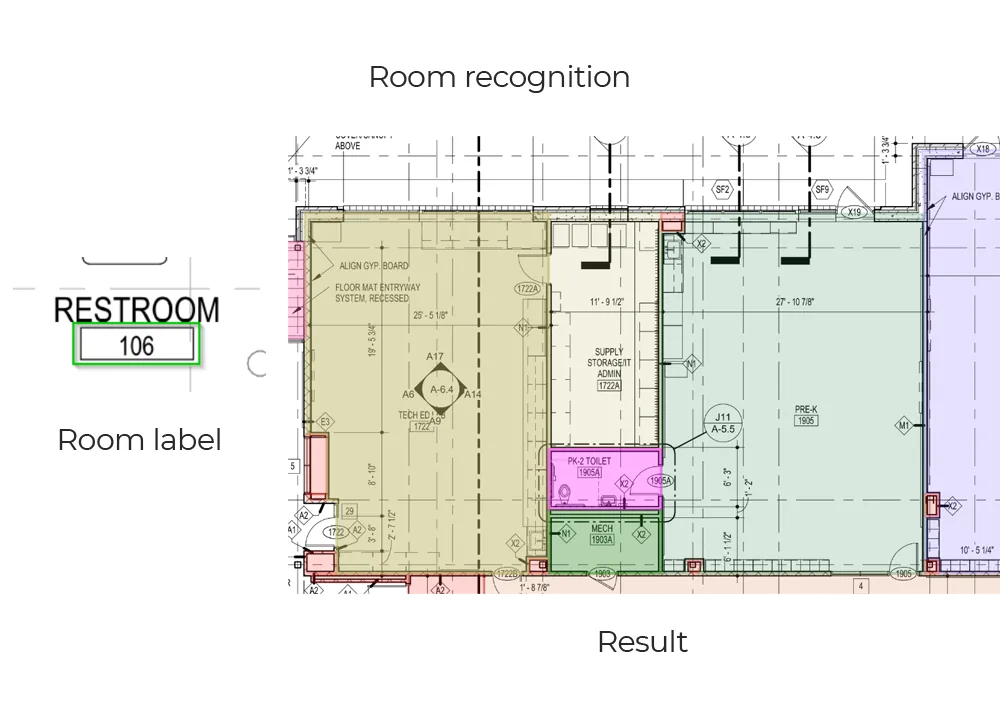 Room label read from a plan and the matching rooms shaded as polygons on a commercial floor plan