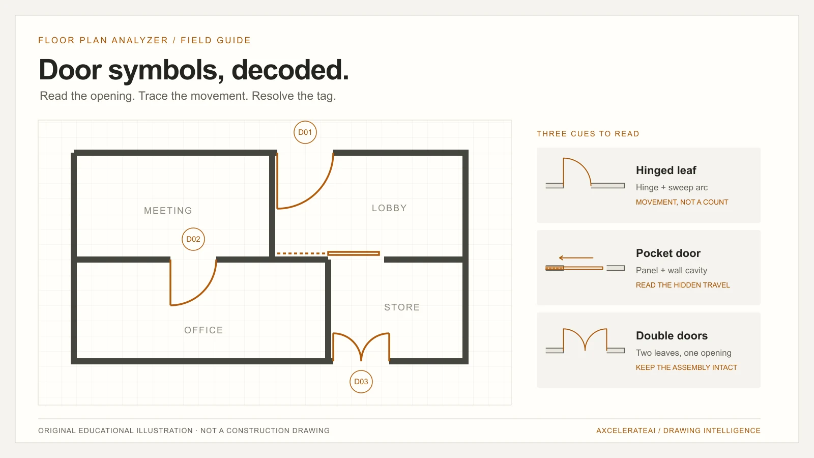 Original illustrated floor plan with hinged, pocket and double-door symbols explained in a light technical reference plate